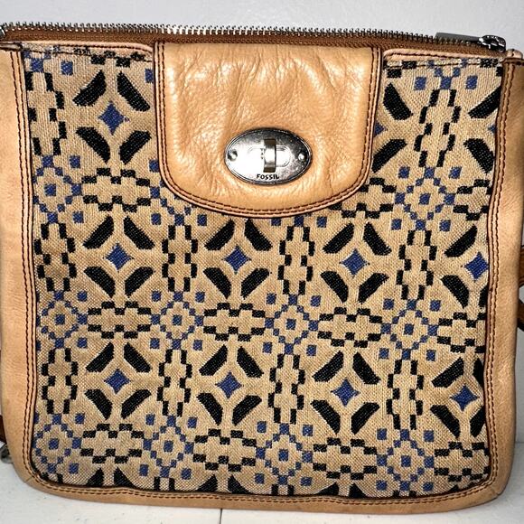 Vintage Fossil Marlow Jacquard Birds Eye Crossbody Handbag Purse Tan Blue - Picture 1 of 7